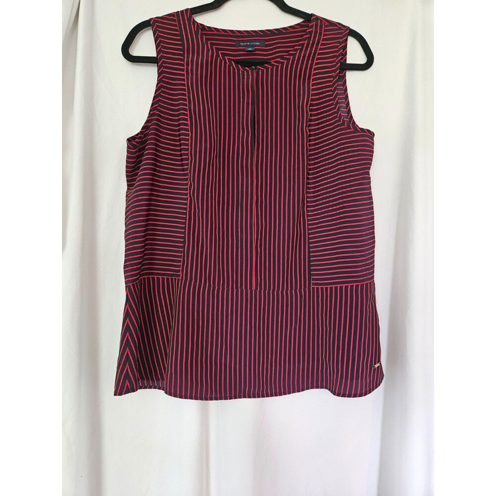 Tommy Hilfiger Size Medium Navy Blue Red Striped‎ Sleeveless Peplum Top